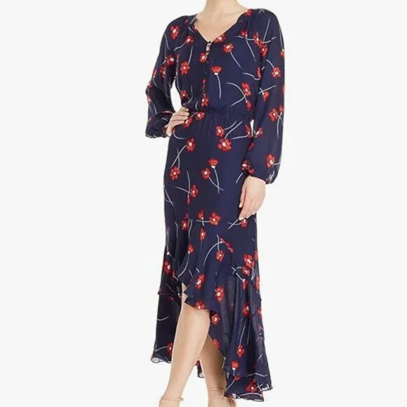 Parker Verity Maxi Dress Silk Button Front High Low Hem Floral Navy Blue Medium - Picture 8 of 12